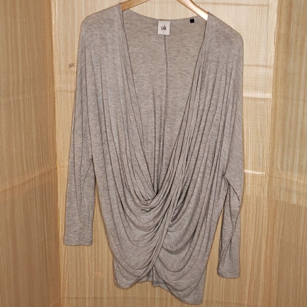 Cabi Womens Grey Open Front Draped Dolman Sleeve Top Large